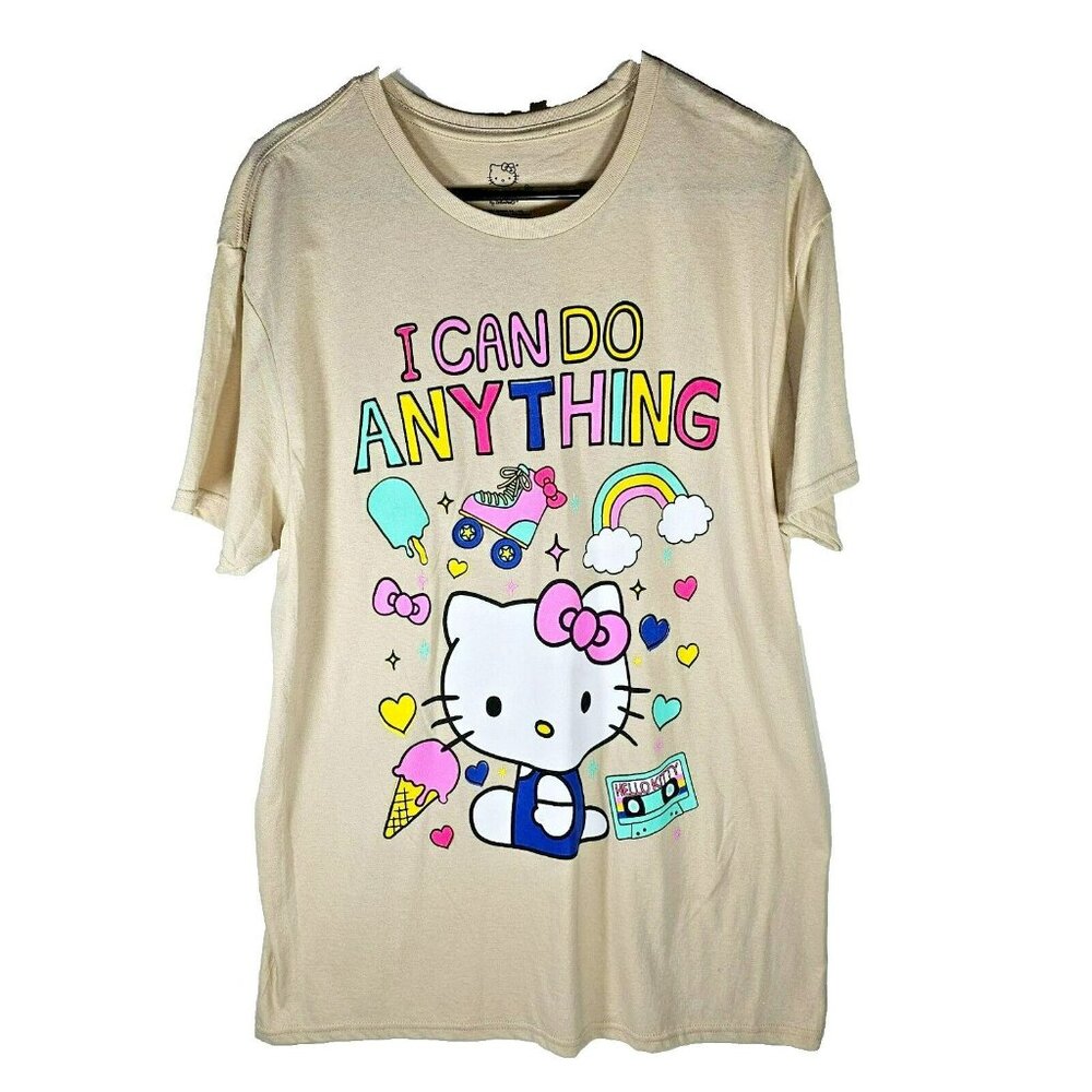 Hello Kitty "I Can Do Anything" Graphic T-Shirt NWT Size L Beige / Tan Sanrio